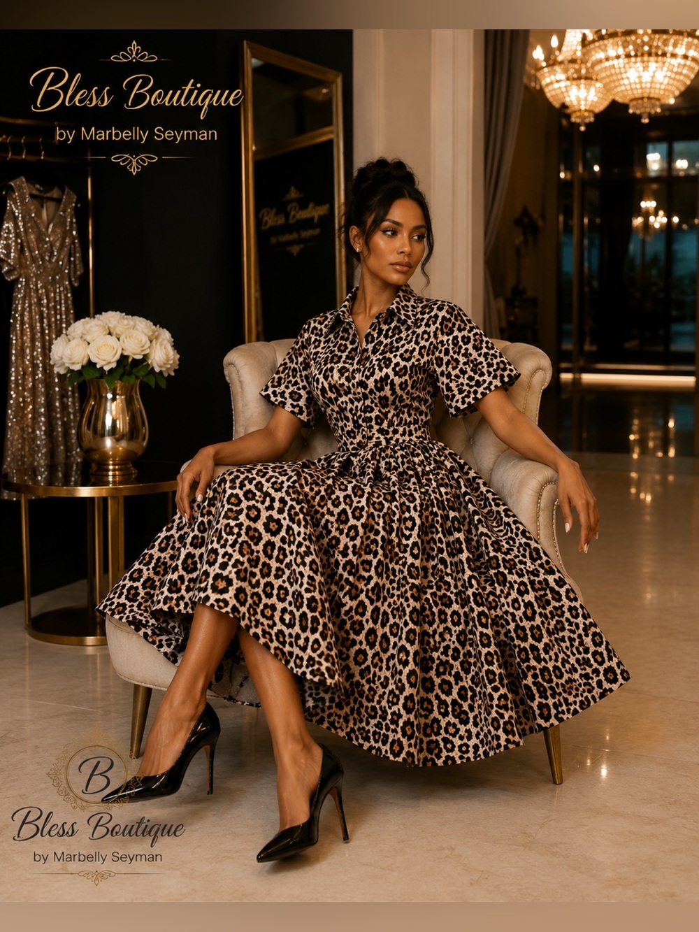 EXQUISE Tobie Leopard Print Button Front Pleated Midi Shirt Dress Size S